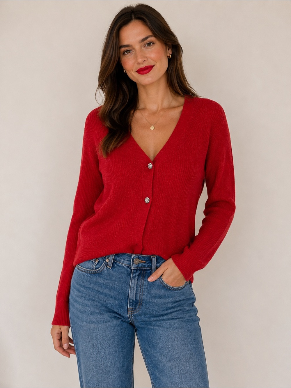 LOFT WOMENS RED BUTTON UP LONG SLEEVE CARDIGAN GEMSTONE BUTTONS SIZE MEDIUM